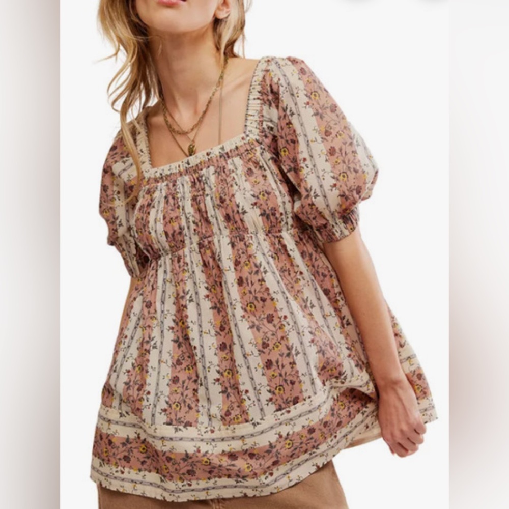 NWT Free People Vintage Lover Blouse in ivory and light pink color Combo in M